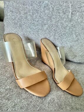 Jessica Simpson Nude Tan Wedge Sandals with Clear Straps